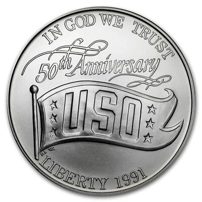 1991D USO (United Service Organization 50th ANNIVERSARY US MINT SILVER $1 GEM BU - Image 1 of 4