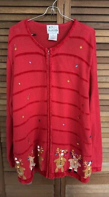 QUACKER FACTORY Christmas Cardigan Womens 2X Full Zip W/Reindeer ￼ - Image 1 of 4