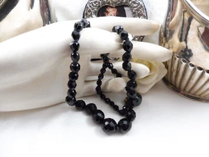 Vintage Hand Knotted Jet Black Faceted Glass Beaded Choker Necklace Fancy Clasp - Picture 1 of 9