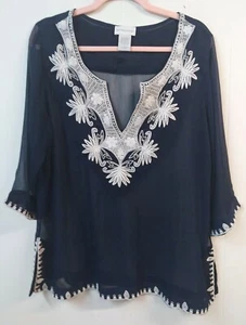 Soft Surroundings WM Petite Large (PL) Sheer Blue Tunic White Embroidered Bib V - Picture 1 of 5