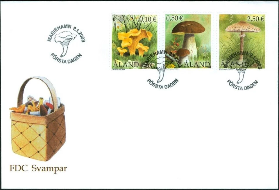 ALAND Is. EDIBLE MUSHROOMS full set (3) on FDC 2003 #194/197/200 Mi 214-6 - Image 1 of 1