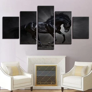 Gallopping Black Horse Wildlife Animals Canvas Prints Painting Wall Art Decor 5P - Picture 1 of 4