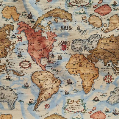 Vtg Braemore World Map Fabric Nautical Explorer 56x108 Screen Print Velvet Look - Image 1 of 4