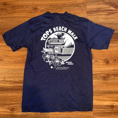 Vintage 80’s Tops Beach walk Shirt Size Large Waikiki Hawaii Restaurant Blue - Image 1 of 4