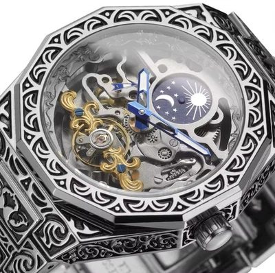 Reloj para hombre Forsining Skeleton tallado tourbillon mecánico esfera lunar impermeable Foto 1 de 4