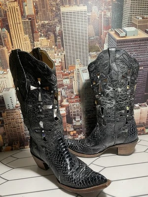 Corral Vintage Boots Womens 9.5 M Black / Grey Python w Cross Trim Cutouts C2131 - Image 1 of 4