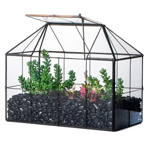 Glass Terrarium Planter with Lid for Small Succulent Cacti, Grid House Shape ... - Picture 1 of 8
