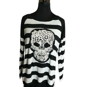 Style & Co Top Day of the Dead Lace Skull Striped Knit Size Large - Picture 1 of 8