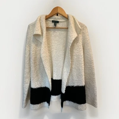 Cárdigan Suéter LRL Lauren Jeans Co Frente Abierto Marfil Negro Boucle Preppy Foto 1 de 4