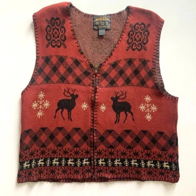 Vintage Woolrich Rena Feminina Extra Grande Vermelho Preto Intársia Ilha Feira Zíper Natal - Imagem 1 de 4