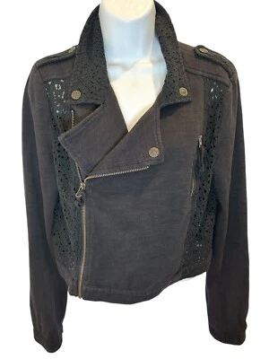 FREE PEOPLE Moto Jacket Size MEDIUM Black Lace Cotton Lace Stretch Biker Zip Up - Image 1 of 4