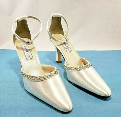 Touch Ups Shoes 6 1/2 M Bridal Prom White Satin Ankle Strap Pump 3" Heels Bling - Image 1 of 4