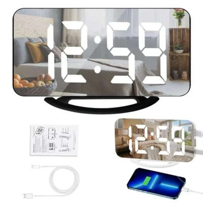 Digital Alarm Clock 6.7" Large LED Mirror Display Dual USB Charger Port Clocks - Image 1 of 4