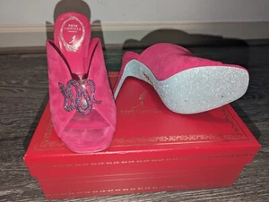 Rene Caovilla Suede Crystal Snake Stiletto Mules Like New Fuxia Size 6.5B 36.5 - Picture 1 of 11
