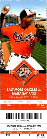 TICKET - Baltimore Orioles vs Tampa Bay Rays (June 30 2017) Jonathan Schoop Cover
