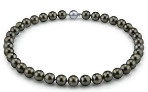 TAHITIAN BLACK PEARL NECKLACE GENUINE  HUGE 20"-9-10MM NATURAL ROUND PERFECT - Picture 1 of 4