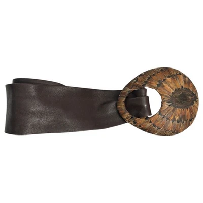 Vintage Peacock Feather Oversized Belt Buckle Leather Belt Size Medium Large - Image 1 of 4