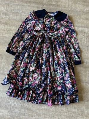 VTG Bonnie Jean New York Girls Sz 10 Floral Ruffle Long Dress Bow Velvet Tiered - Image 1 of 4