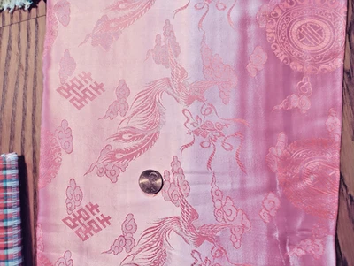 FABRIC REMNANT LIGHT WEIGHT PINK SATIN ORIENTAL BIRD DESIGN 6-3/4 YDS X 32" - Image 1 of 2