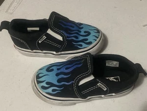 Vans Slip On Toddler Shoes Size 7 Color Black w/ Blue Flames In Great Condition! - Picture 1 of 5