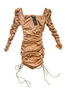 Privy gerafftes Minikleid beige hellbraun Langarm eckiger Ausschnitt Cut Out SMALL - Bild 1 von 8