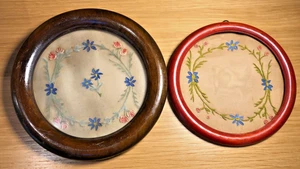 Set of 2 vtg Floral Paintings on Silk Framed Art * USA unsigned ca. 1930s-1050s - Picture 1 of 11