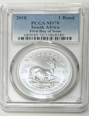 South Africa Coins 2018 1 oz Fine Silver Krugerand PCGS MS70 First Day Issue - Image 1 of 4