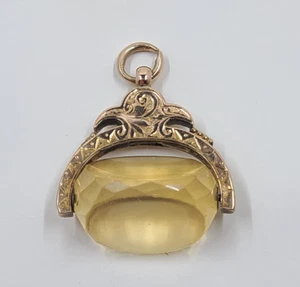 Vintage Estate Watch Fob Spinner, 15 ct Citrine and 9k Gold Pendant - Picture 1 of 12