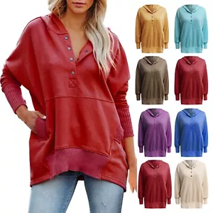 Women Solid Colour Casual Hooded Sweatshirt Long Sleeve Button Pocket Loose Tops - Picture 1 of 60
