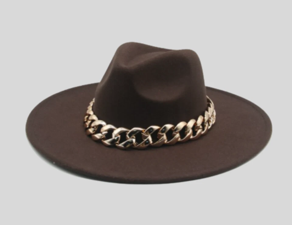 Chapéu Fedora aba larga com corrente dourada - Tamanho único - Marrom - Imagem 1 de 1
