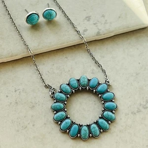 Bohemian Western Blue Turquoise Circle Pendant Necklace + Earring Set Fashion - Picture 1 of 4
