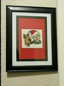 Small Picture of Needlepoint Elf & Reindeer- Framed - Pre-owned - Picture 1 of 2
