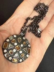 Cookie Lee Shiny Gunmetal Crystal Round Rhinestone Pendant Necklace 20" Signed - Picture 1 of 4