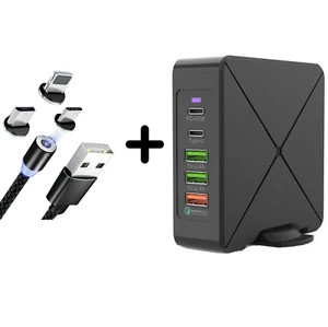 5 Port Multi-Port QC 3.0 Quick Fast USB Charger & 3 In 1 Magnetic Cable [Bundle] - Picture 1 of 11