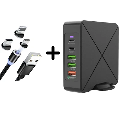 5 Port Multi-Port QC 3.0 Quick Fast USB Charger & 3 In 1 Magnetic Cable [Bundle] - Image 1 of 4