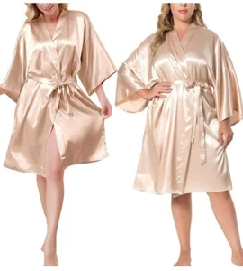 NEW Champagne Satin Kimono Short Bath Robe Lingerie, Sleepwear Wms Sz 2X/3X - Picture 1 of 10