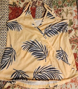 Womens Med Sleeveless Yellow Palm Print V Neck Halter Crossover Blouse Top Shirt - Picture 1 of 7