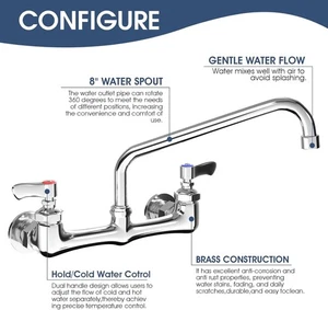 Wall Mount Kitchen Faucet, 8 Inch Center Commercial Faucet with 12 Inch Swivel - Picture 1 of 5