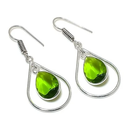 Peridot Pear Shape Drop Dangle Gemstone Black Friday Gift Jewelry Earrings 1.70" - Image 1 of 4