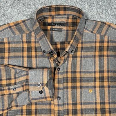 Pierre Cardin Slim Fit Flannel Shirt Gray Orange Plaid Mens Large 41/42 - Image 1 of 4
