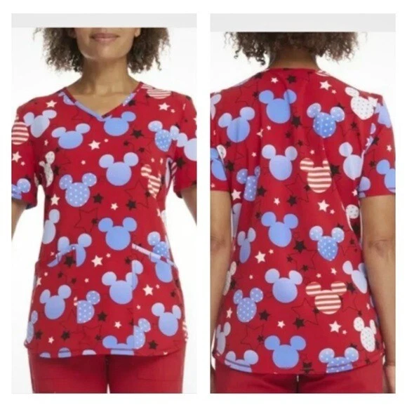 Disney Mickey Mouse Patriotic Stars V Neck Medical Scrub Top Women's Size XL NEW - Image 1 of 4