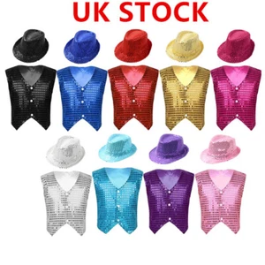 UK Boys Girls Sequins Vest Hip-Hop Street Dance Shirt Waistcoat Jacket with Hat - Picture 1 of 106
