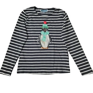 Karen Scott T-Shirt XS Black White Striped Long Sleeve Glitter Penguin Holiday - Picture 1 of 5