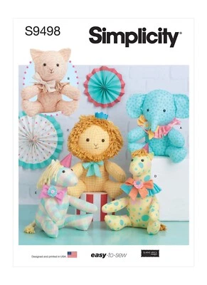 SIMPLICITY 9498 PLUSH SOFT STUFFED TOYS Sewing Pattern ELEPHANT CHEETAH GIRAFFE - Image 1 of 4
