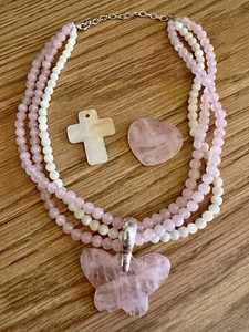 Collana Ciondolo Vintage Quarzo Rosa Perla 3 Strade Farfalla Cuore Croce Sterling - Foto 1 di 8