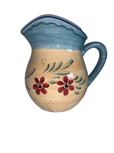 Hausenware Blue Orange Floral Ceramic Pitcher 8.5” Embossed Raised FlowersSwirls - Picture 1 of 11