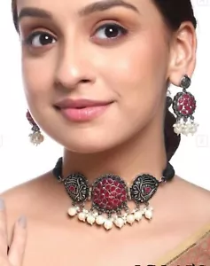 Afghani Pendant Turkish stone choker silver Oxidised jewellery set with earrings - Picture 1 of 7