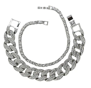 Mens 2pc CZ Bracelet Set Cuban Tennis Link 14k White Gold Plated Hip Hop Jewelry - Picture 1 of 3