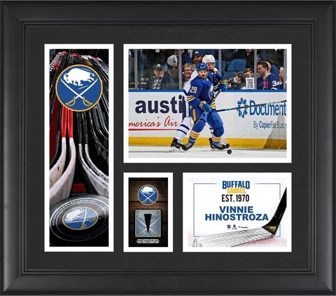 Vinnie Hinostroza Sabres FRMD 15" x 17" Player Collage with a Piece of GU Puck Cover
