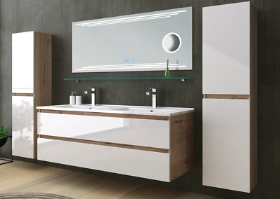 Doppelwaschtisch Eiche / Weiß Hochglanz Doppel Waschbecken Badmöbel Set Led 120 - Bild 1 von 4